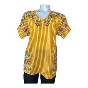 Savanna Jane Shirt Women Small Top Yellow Striped Floral Embroidered Boho Blouse
